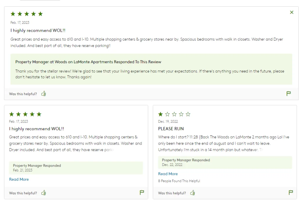 Apartments.com tenant reviews with property manager responses - extracted by ScrapingBot reviews API fields