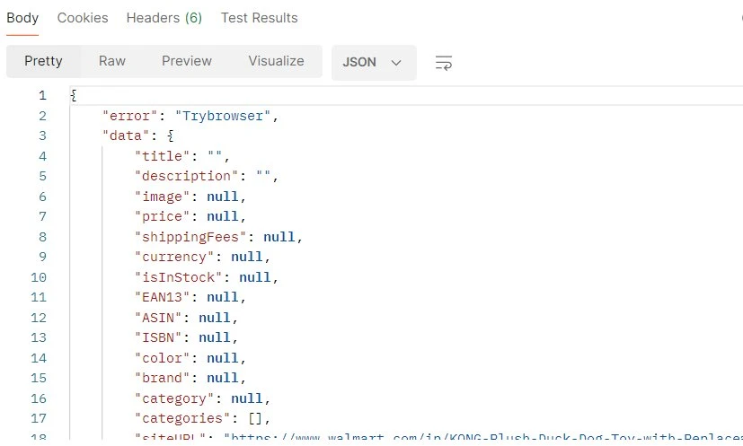 ScrapingBot JSON response with Trybrowser error